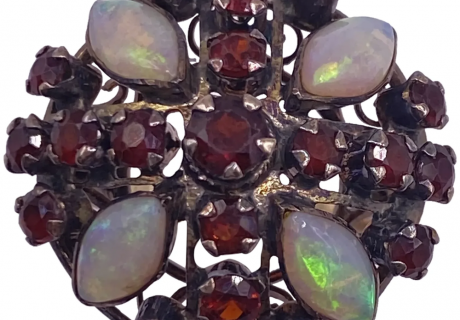 Victorian Revival Garnet Opal Cluster Ring 14K Gold c.1950's