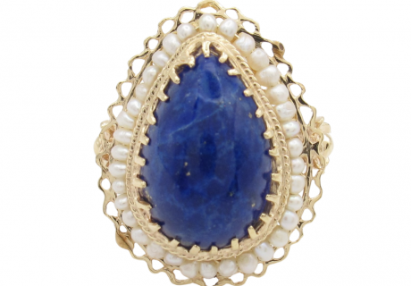 Vintage Lapis Lazuli and Seed Pearl Halo Ring 14K