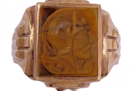 Vintage Men's Tiger's Eye Cameo Ring, Roman Soldier 10K Yellow Gold (2)