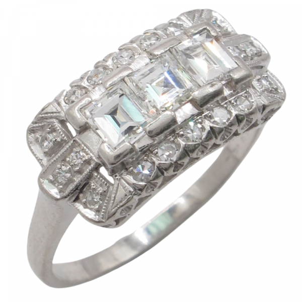 Art Deco Carre Diamond Platinum Ring East to West Angle (1)