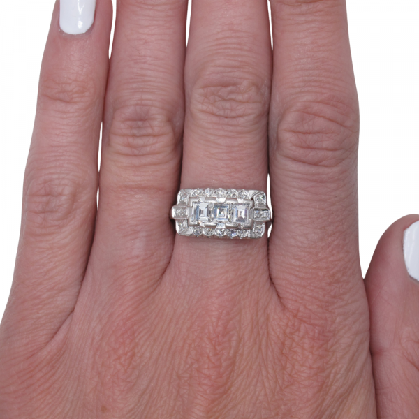 Art Deco Carre Diamond Platinum Ring East to West Worn