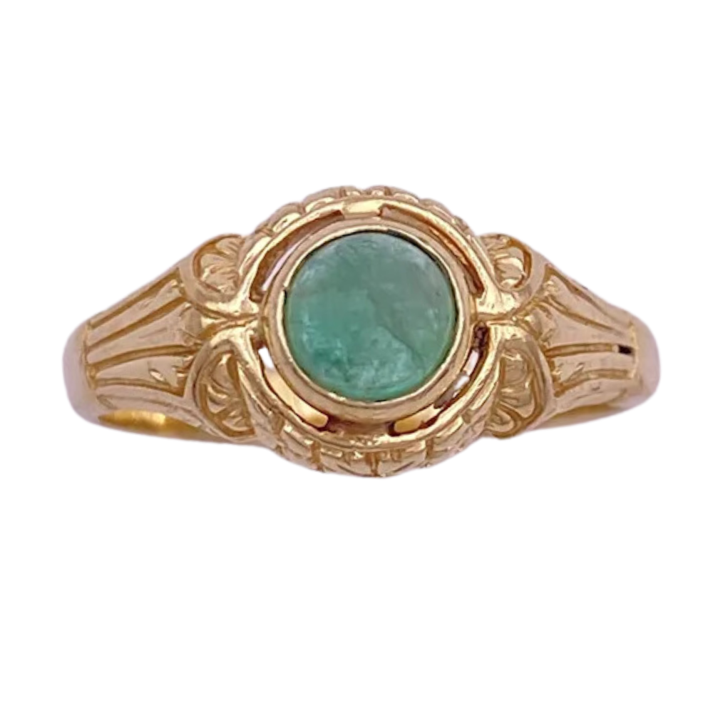 Vintage .87ct Natural Cabochon Emerald Detailed Ring 14K Yellow Gold