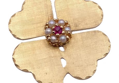 Vintage Gold Clover Charm Ruby Pearl
