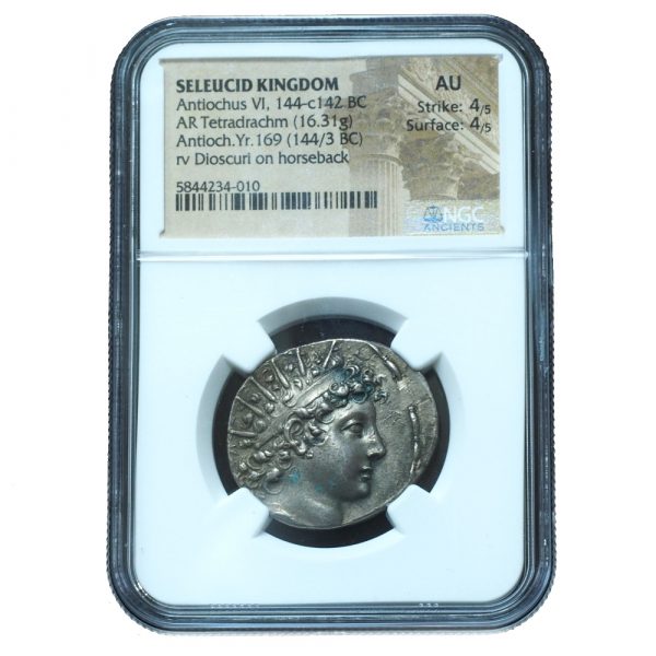 144-142 BC Seleucid AR Tetradrachm Antiochus VI NGC AU