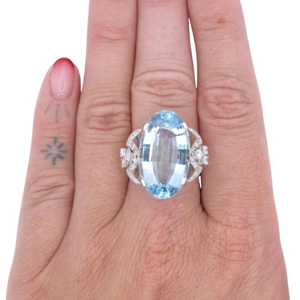 16.71ctw Aquamarine and Diamond Statement Ring 14K White Gold Worn