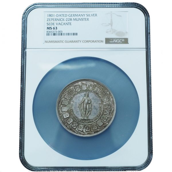 Write an seo optimized short blog using bullet points for 1801 Muenster Sede Vacante Silver Medallic Taler MS63 NGC Top Pop