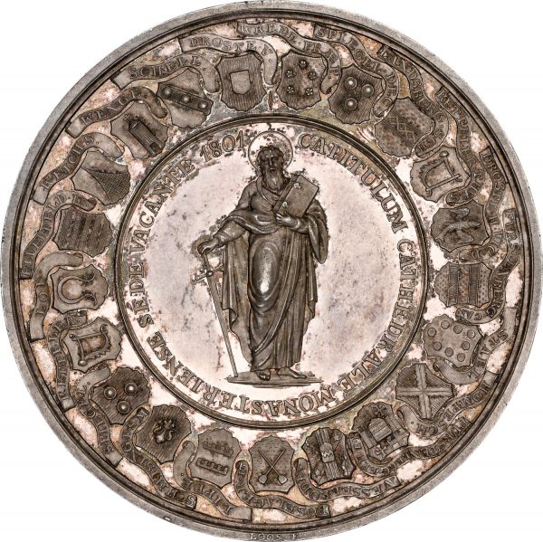Write an seo optimized short blog using bullet points for 1801 Muenster Sede Vacante Silver Medallic Taler MS63 NGC Top Pop
