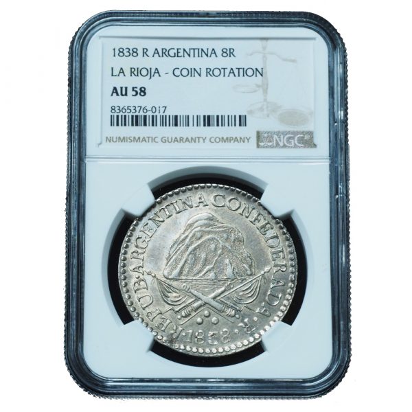 1838-R Argentina 8 Reales La Rioja Coin Rotation AU58 NGC