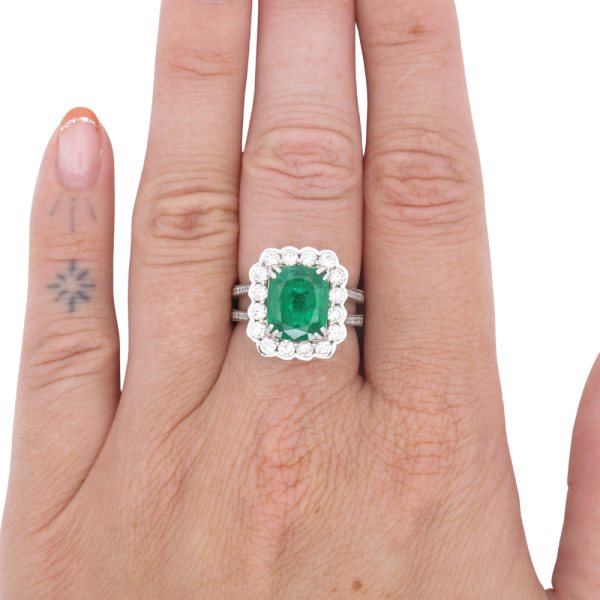 2.52ct Zambian Emerald Diamond Halo Ring 14K GIA Certified worn