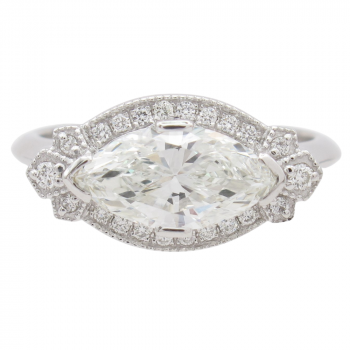 1.28ctw Art Deco Inspired Marquise Halo Diamond Engagement Ring 14k White Gold Front