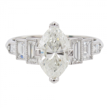 1.90ctw Art Deco Inspired Marquise & Baguette Diamond Engagement Ring GIA Certified 14k White Gold Front