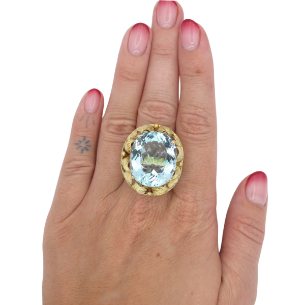 Mid-Century 30ct Oval Aquamarine Statement Ring 18K Gold worn (1)