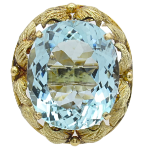 Mid-Century 30ct Oval Aquamarine Statement Ring 18K Gold worn (2)