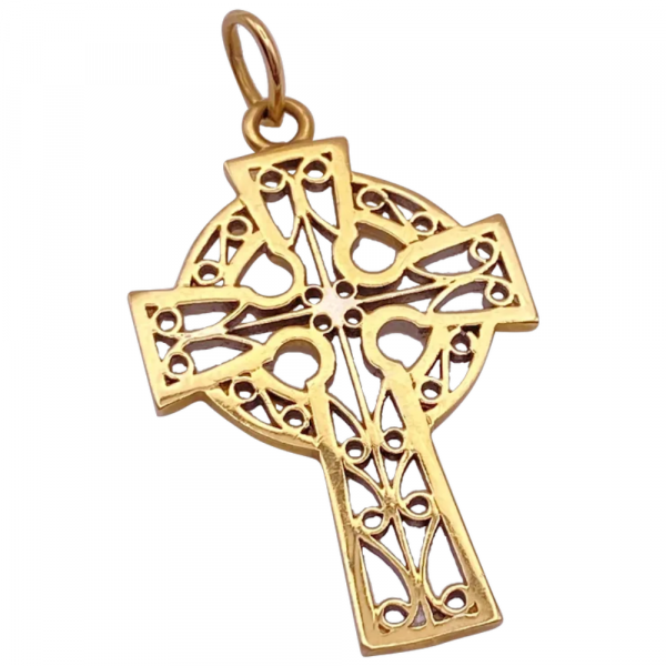 Ornate Celtic Cross Pendant 14K Gold, Filigree Pierced Design