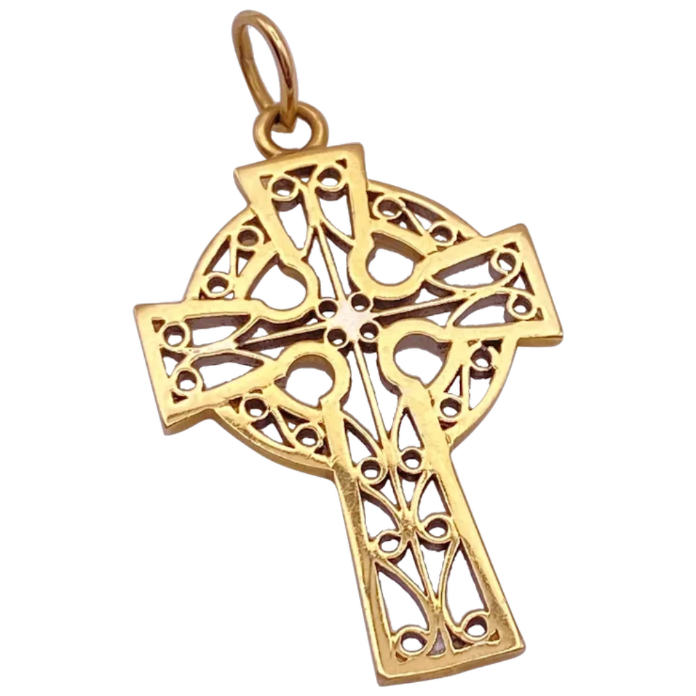 Ornate Celtic Cross Pendant 14K Gold, Filigree Pierced Design