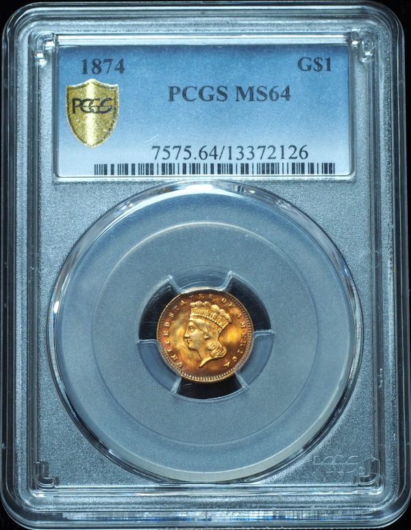 1874 $1 Gold Indian Princess MS64 PCGS Beautifully Toned