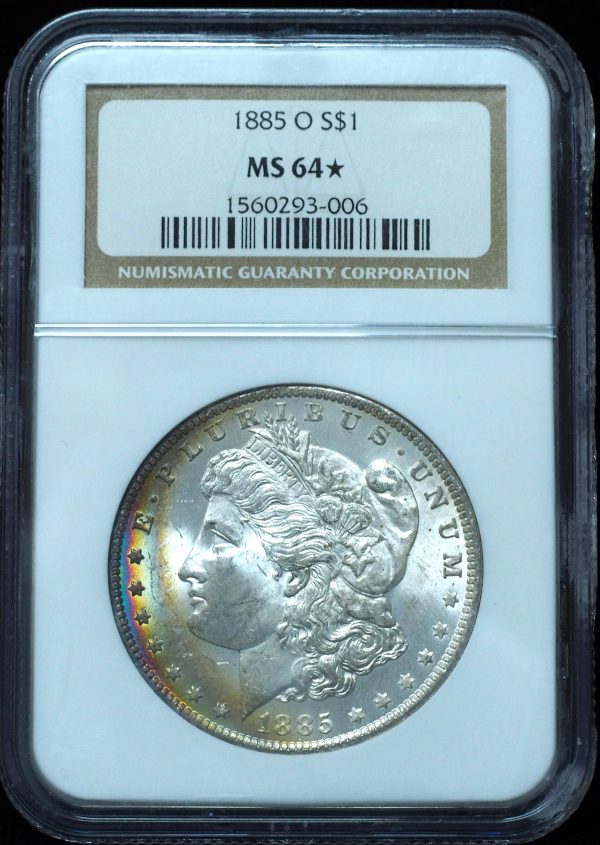 1885-O Morgan Dollar MS64 Star NGC Double Crescent Rainbow Toned