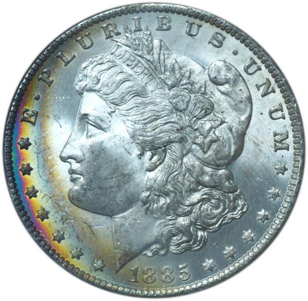 1885-O Morgan Dollar MS64 Star NGC Double Crescent Rainbow Toned