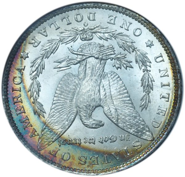 1885-O Morgan Dollar MS64 Star NGC Double Crescent Rainbow Toned