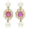 6.68ctw Diamond Halo Ruby & Pearl Dangle Vintage Earrings 14K Yellow Gold