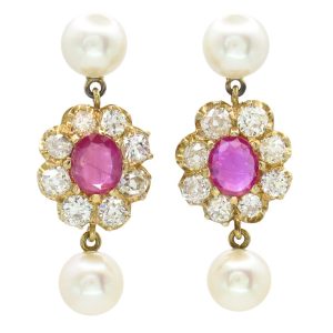 6.68ctw Diamond Halo Ruby & Pearl Dangle Vintage Earrings 14K Yellow Gold