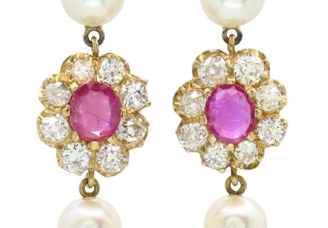 6.68ctw Diamond Halo Ruby & Pearl Dangle Vintage Earrings 14K Yellow Gold