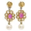 6.68ctw Diamond Halo Ruby & Pearl Dangle Vintage Earrings 14K Yellow Gold Back