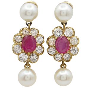 6.68ctw Diamond Halo Ruby & Pearl Dangle Vintage Earrings 14K front