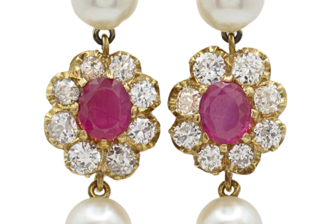 6.68ctw Diamond Halo Ruby & Pearl Dangle Vintage Earrings 14K front