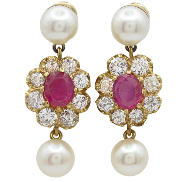 6.68ctw Diamond Halo Ruby & Pearl Dangle Vintage Earrings 14K front