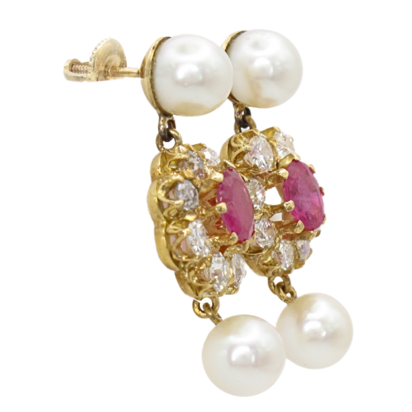 6.68ctw Diamond Halo Ruby & Pearl Dangle Vintage Earrings 14K side