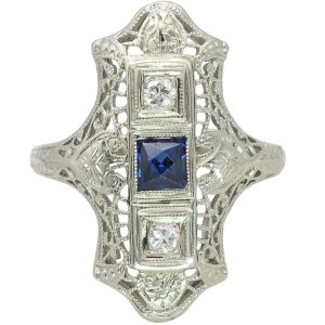 Art Deco Sapphire & Diamond Filigree Ring 18K White Gold .32ctw