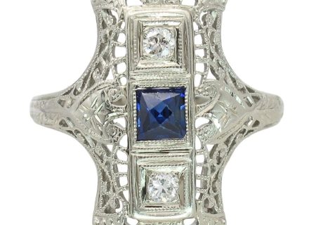 Art Deco Sapphire & Diamond Filigree Ring 18K White Gold .32ctw
