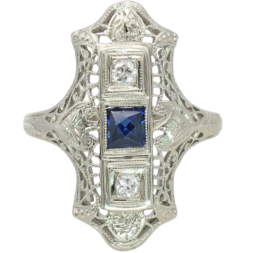 Sapphire & Diamond Filigree Art Deco Ring 18K