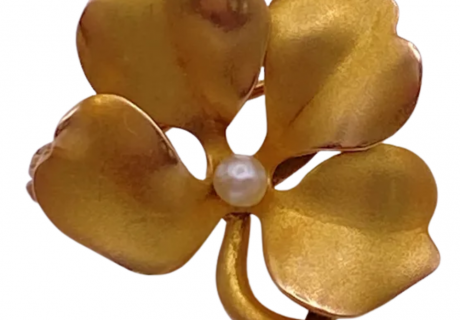 Art Nouveau Four-Leaf Clover Seed Pearl Brooch 14K (2)