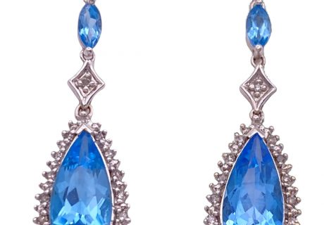 Dangle Earrings 14K White Gold Blue Topaz and Diamond 8.15 Carats TGW