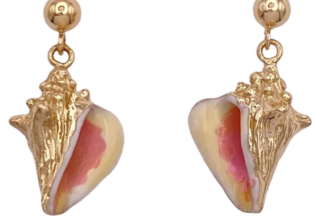 Enameled Conch Shell Dangle Earrings 14K