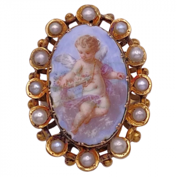 Georgian Miniature Painting Cherub Putti Pearl Halo Ring 18K