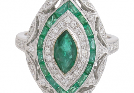 Inspired Art Deco Emerald Diamond Halo Ring White Gold