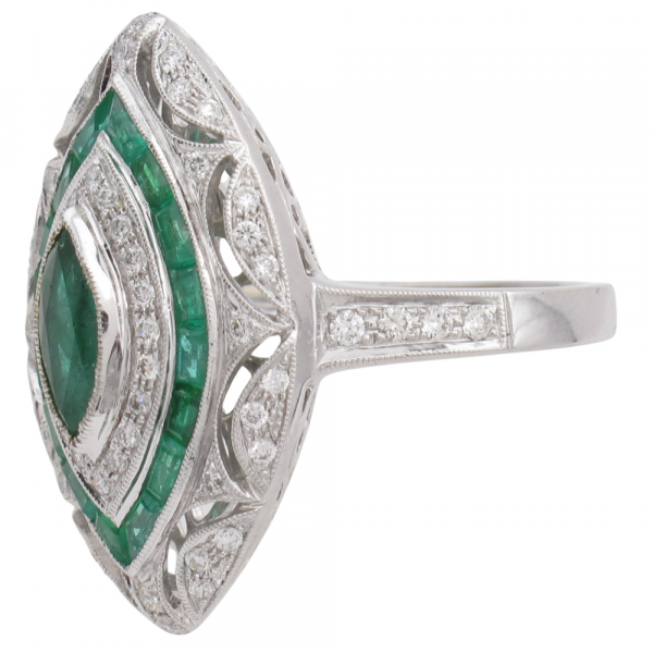 Inspired Art Deco Emerald Diamond Halo Ring White Gold Side