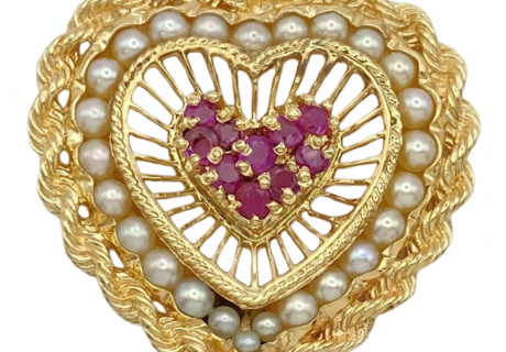 Jeweled Ruby & Pearl Heart Charm or Pendant 14K