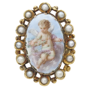 Miniature Painting Cherub Putti Pearl Halo Georgian Ring 18K front