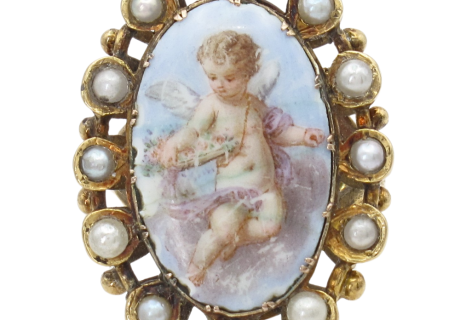 Miniature Painting Cherub Putti Pearl Halo Georgian Ring 18K front