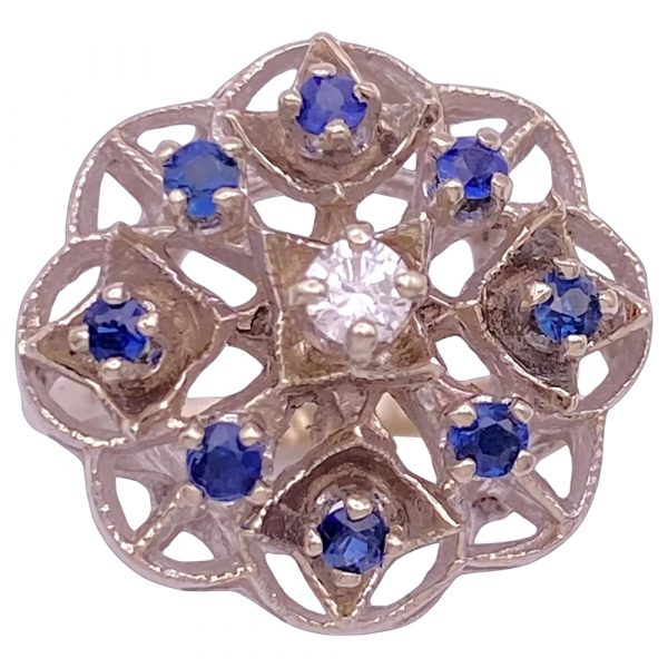 0.44ctw Vintage Flower Design Ring 14K White Gold Sapphire and Diamond
