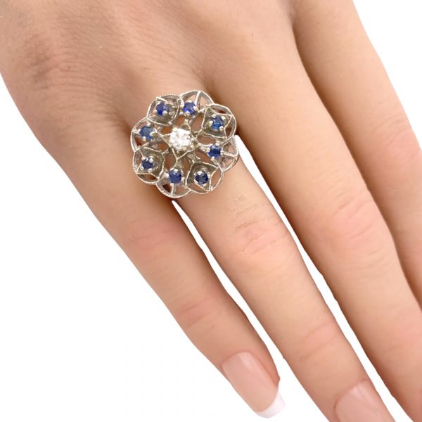 0.44ctw Vintage Flower Design Ring 14K White Gold Sapphire and Diamond worn