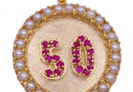 '50' Ruby & Pearl Medallion Pendant 14K (2)