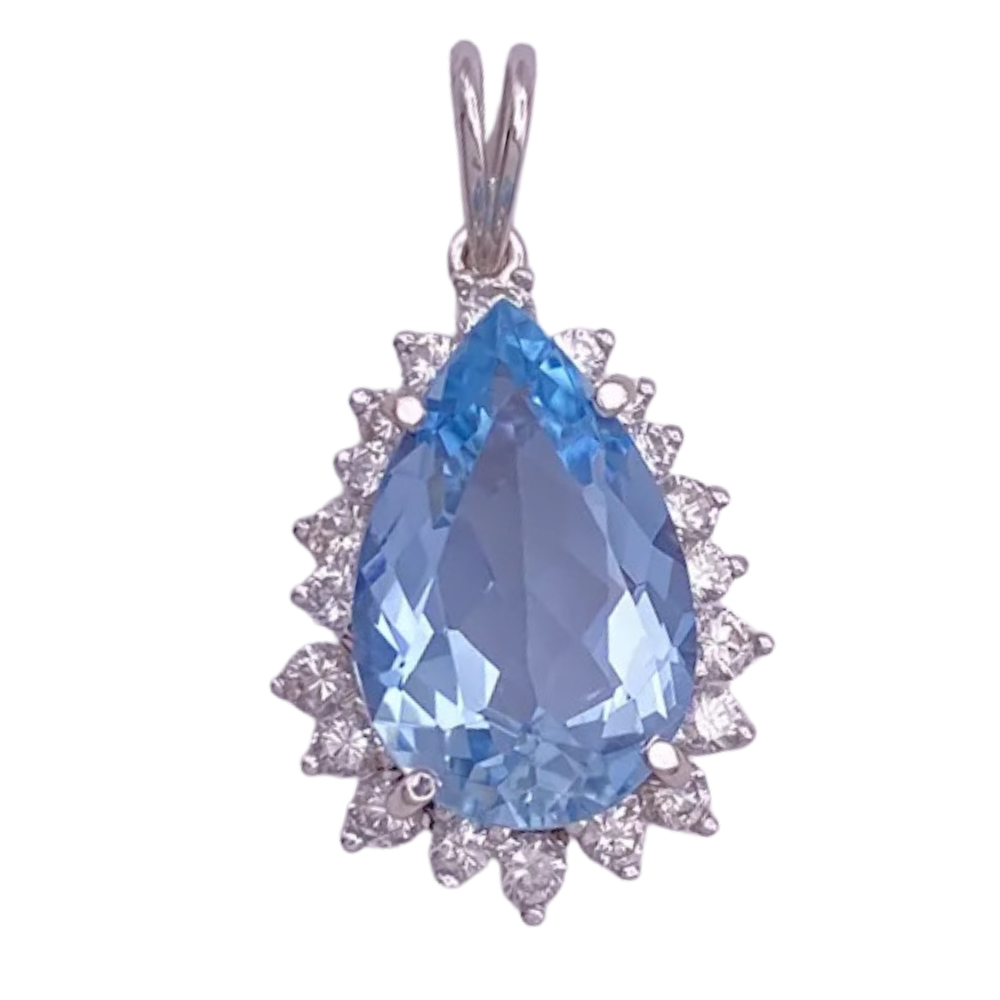 6.69ctw Pear  Aquamarine Diamond Halo Necklace 14K