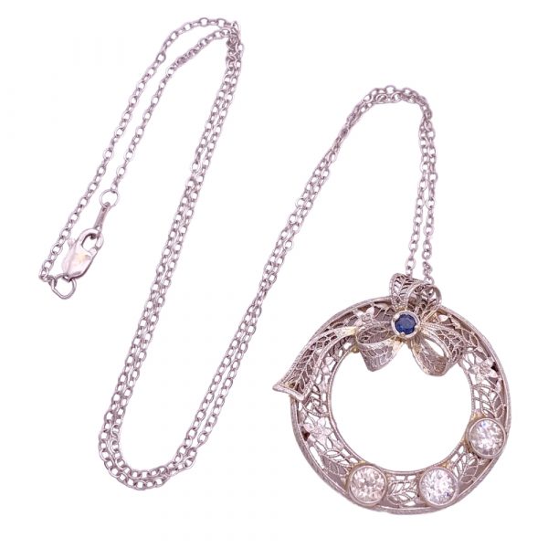 Art Deco 1.09ctw Diamond & Sapphire Filigree Pendant 14K full