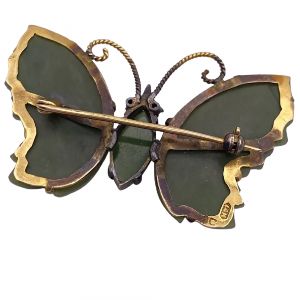 Carved Jade Butterfly Brooch Pin 14K (1)