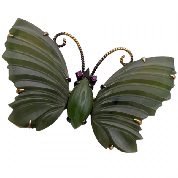 Carved Jade Butterfly Brooch Pin 14K (2)